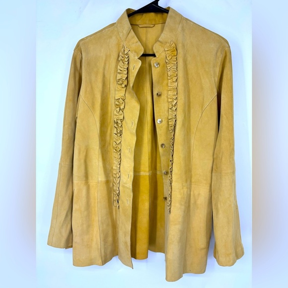 Vintage Deadstock 100% Suede Leather Tan 70s Ruffle Blazer M/L - Picture 1 of 3